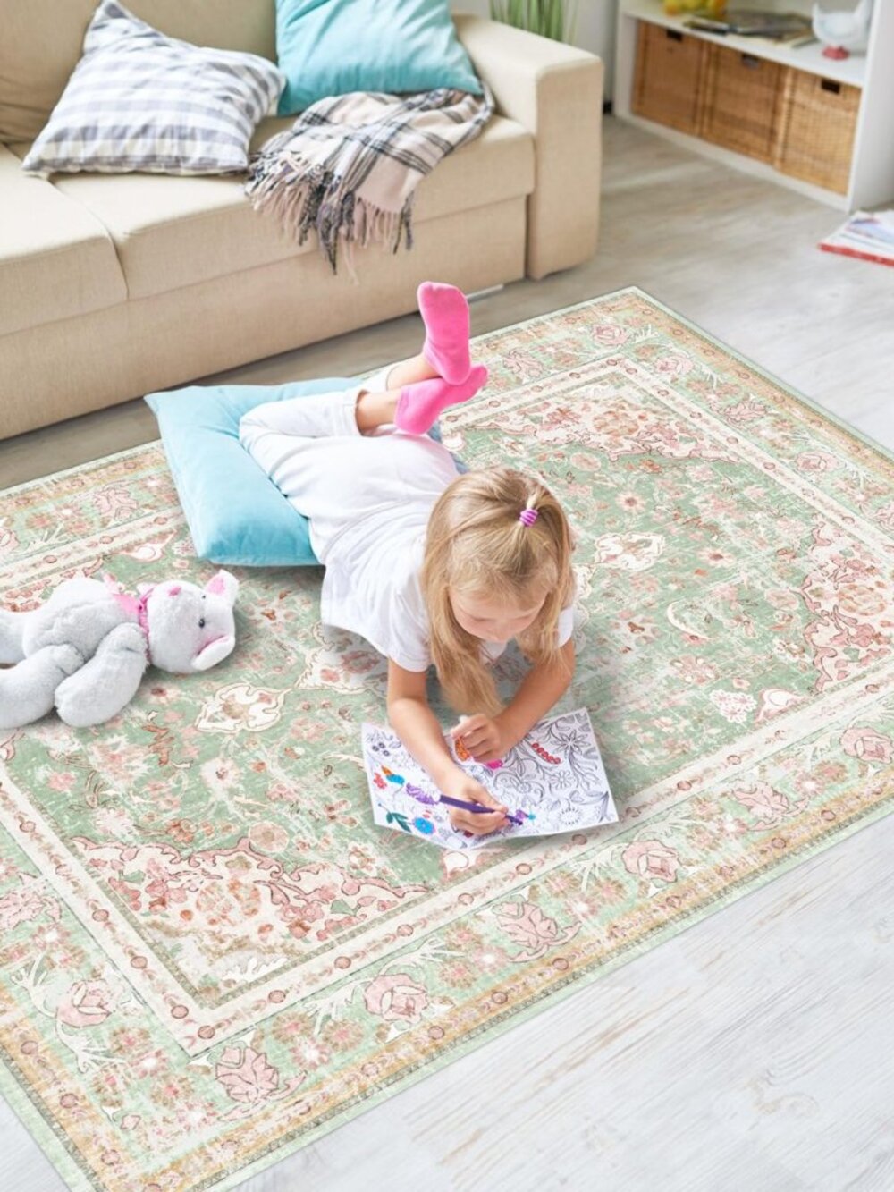Washable Area Rugs Boho Vintage Modern Neutral Small Carpet Green and Pink High
